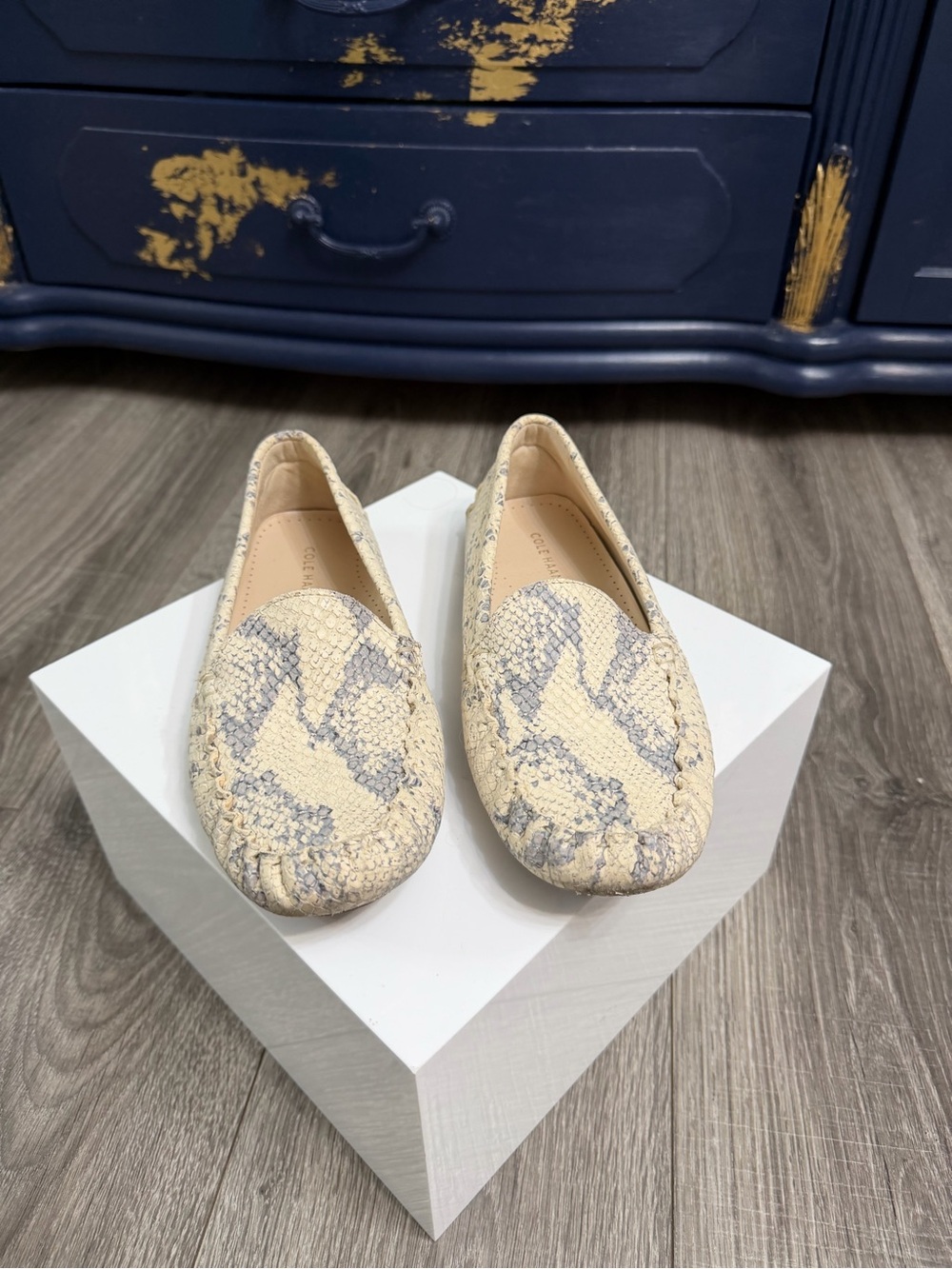 Cole Haan Cream and Gray Snake-Print Moccasins leather driver loafers